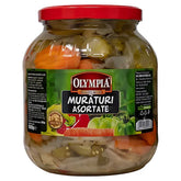 Jar of Olympia - Mixed Vegetable Pickles (Muraturi Asortate) - 1600g, featuring a vibrant red lid and eye-catching graphics that highlight the crunchy vegetables within, promising a zesty kick with every bite.